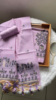 Chic Chronicles Lavender Warli Muga Cotton Unstitched Suit Set